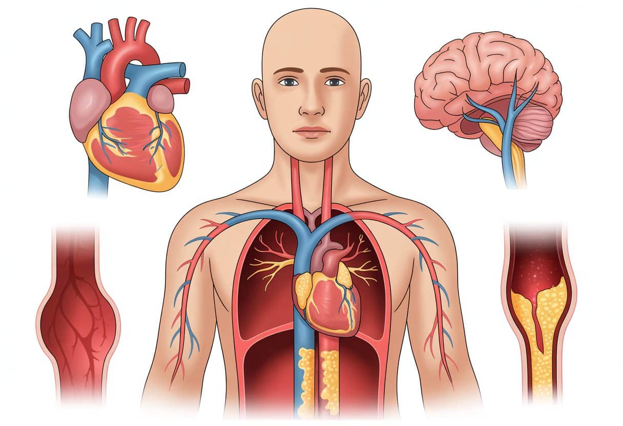 A human torso showing arteries with cholesterol plaque buildup and illustrations of heart strain, stroke, and blood vessel blockage.