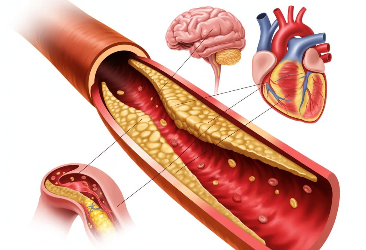 Cross-sectional view of a human artery with plaque buildup and smaller illustrations of a heart, brain, and blood vessels showing damage caused by high LDL cholesterol.