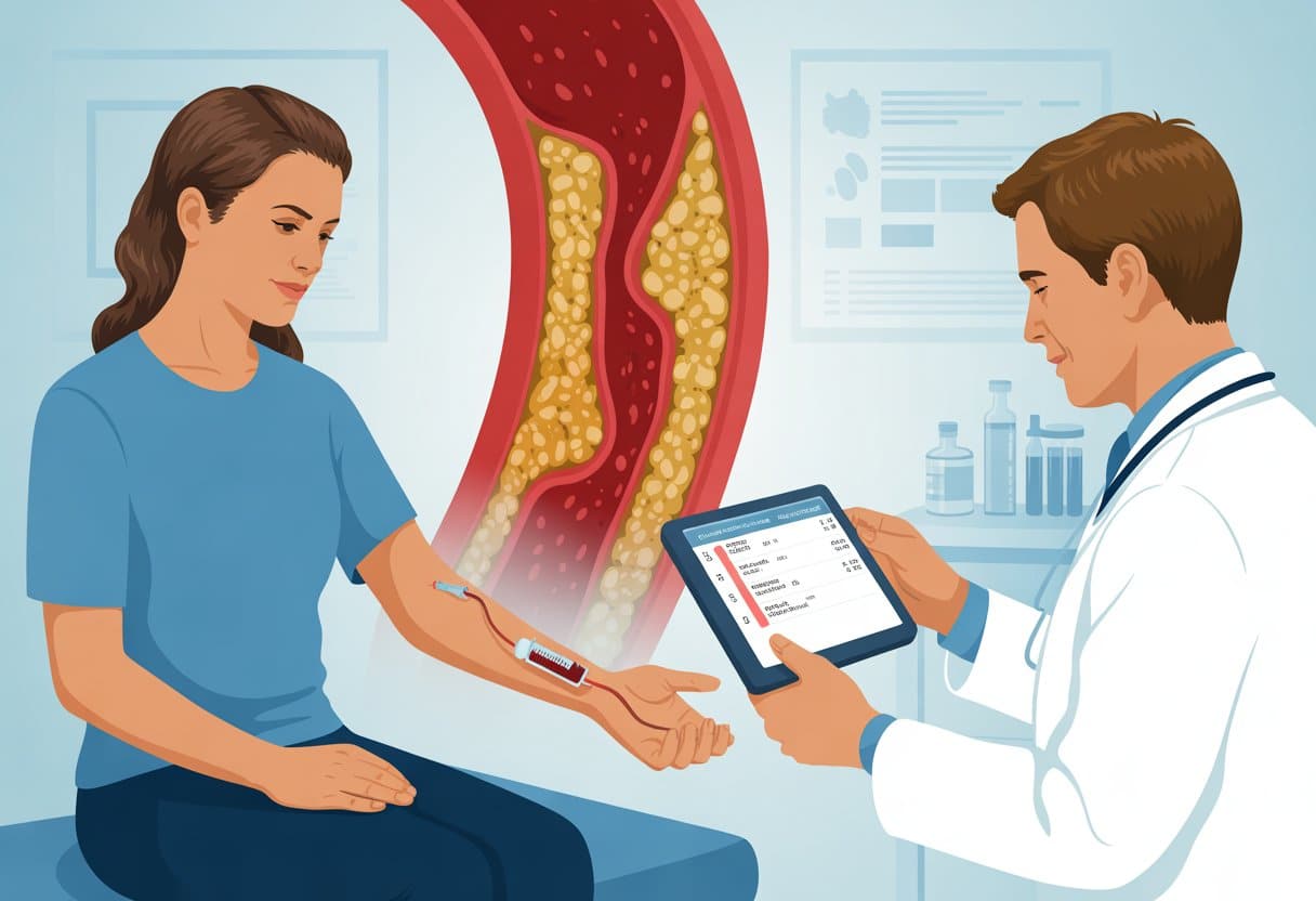 A doctor reviews blood test results while a nurse draws blood from a patient, with a detailed cross-section of an artery showing cholesterol buildup in the background.