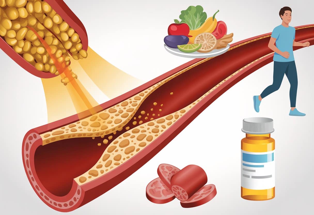 Cross-section of an artery with cholesterol buildup, alongside images of healthy food, exercise, and medication representing ways to lower high LDL cholesterol.