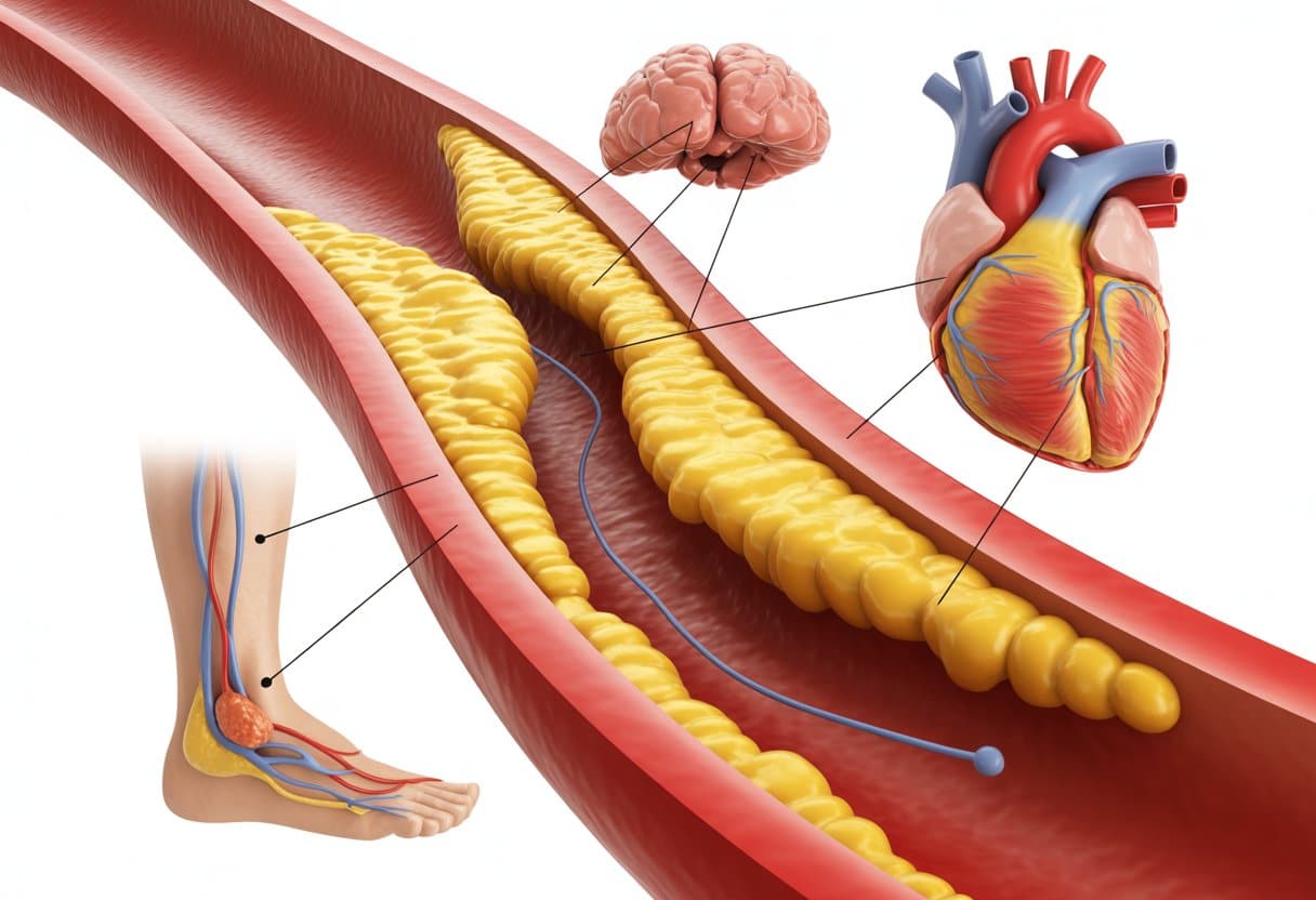 Cross-sectional view of a human artery clogged with plaque, surrounded by illustrations of a heart, brain, and leg showing effects of poor blood flow.