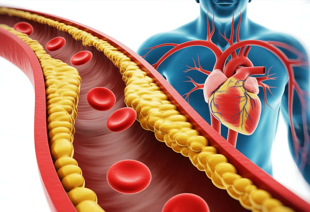 Cross-section of an artery showing yellow plaque buildup narrowing the passage, with red blood cells flowing and a human heart connected by arteries.