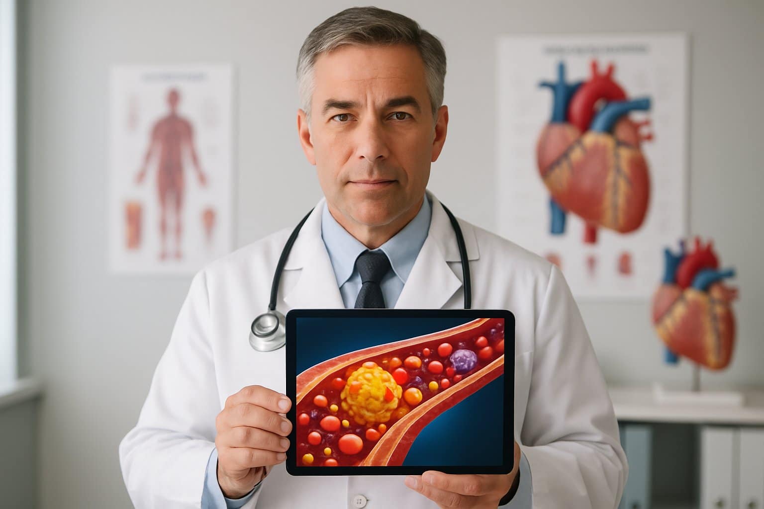 A doctor in a white lab coat holding a tablet showing cholesterol molecules in a medical office.