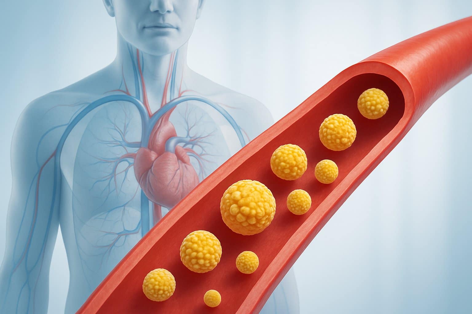 3D illustration of a human torso showing blood vessels with small LDL cholesterol particles flowing through them.