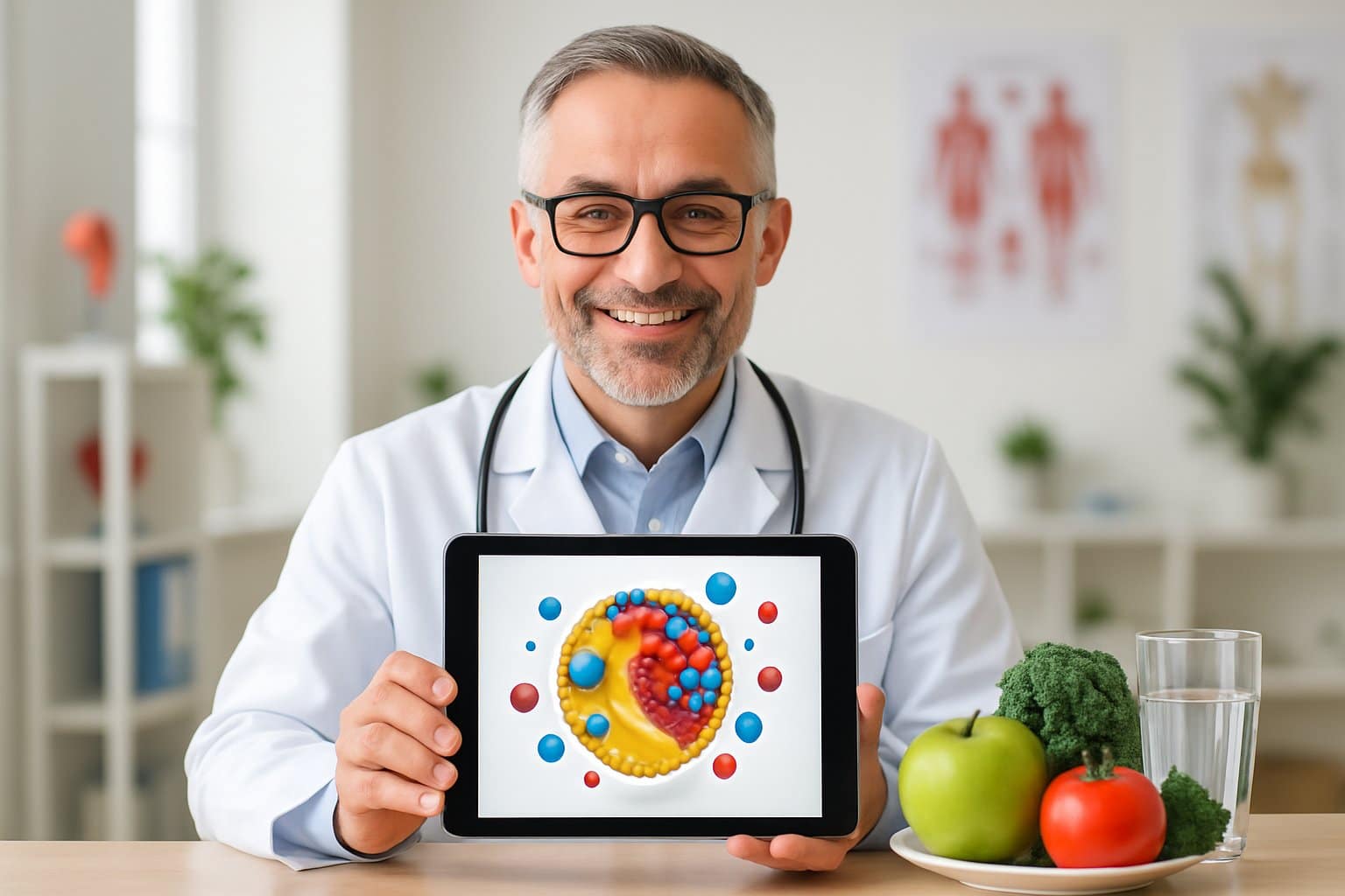 A doctor holding a tablet showing cholesterol molecules with healthy fruits and vegetables on a table in a medical office.