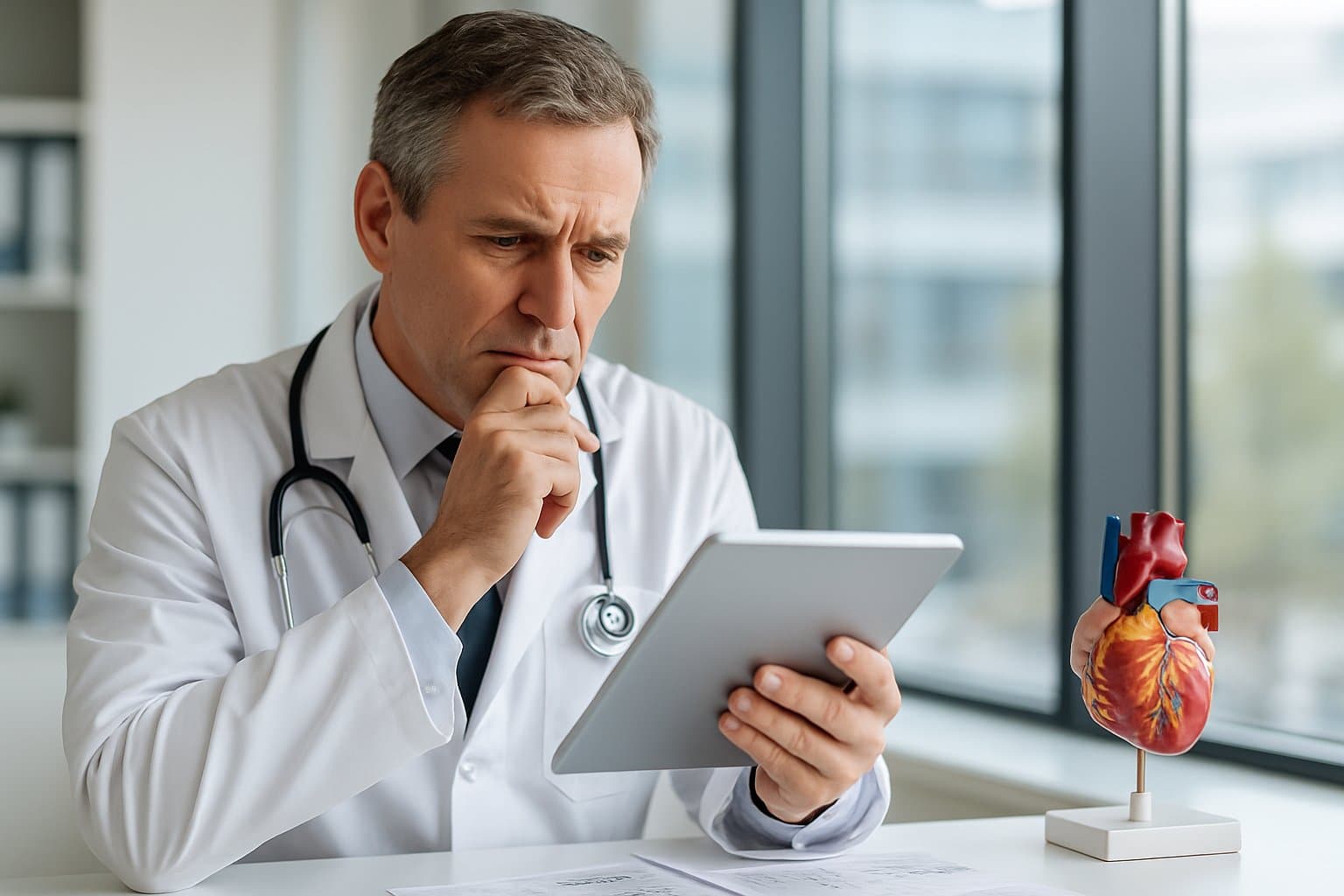 A doctor in a white coat examines a tablet in a medical office with charts and a heart model on the desk.