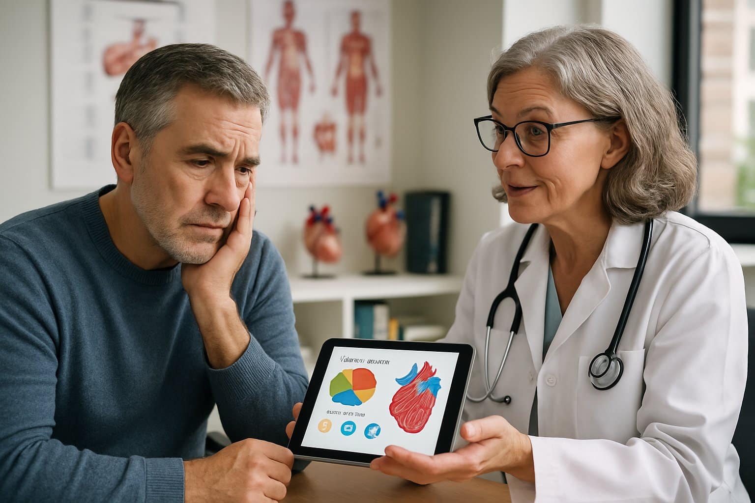 A man consulting with a female doctor in a medical office, discussing health information on a tablet.