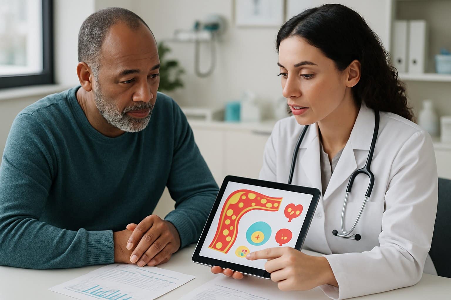 A doctor and patient discussing cholesterol health with medical graphics on a tablet in a clinic.