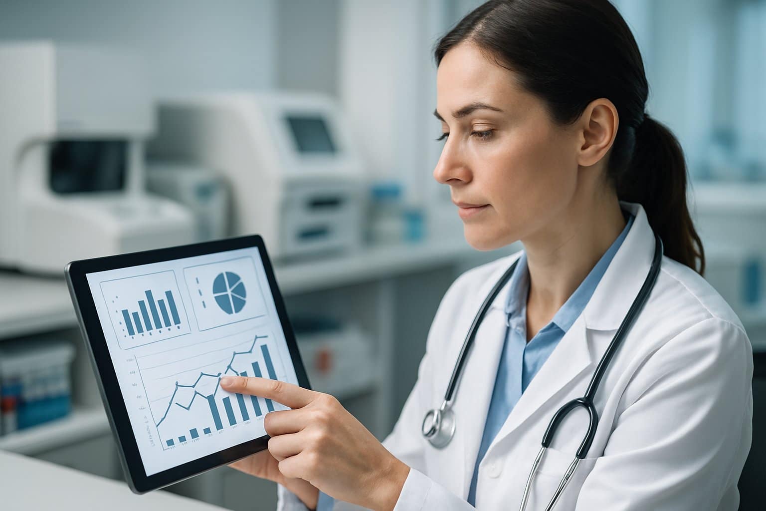 A healthcare professional reviewing blood test results on a digital tablet in a modern medical clinic.