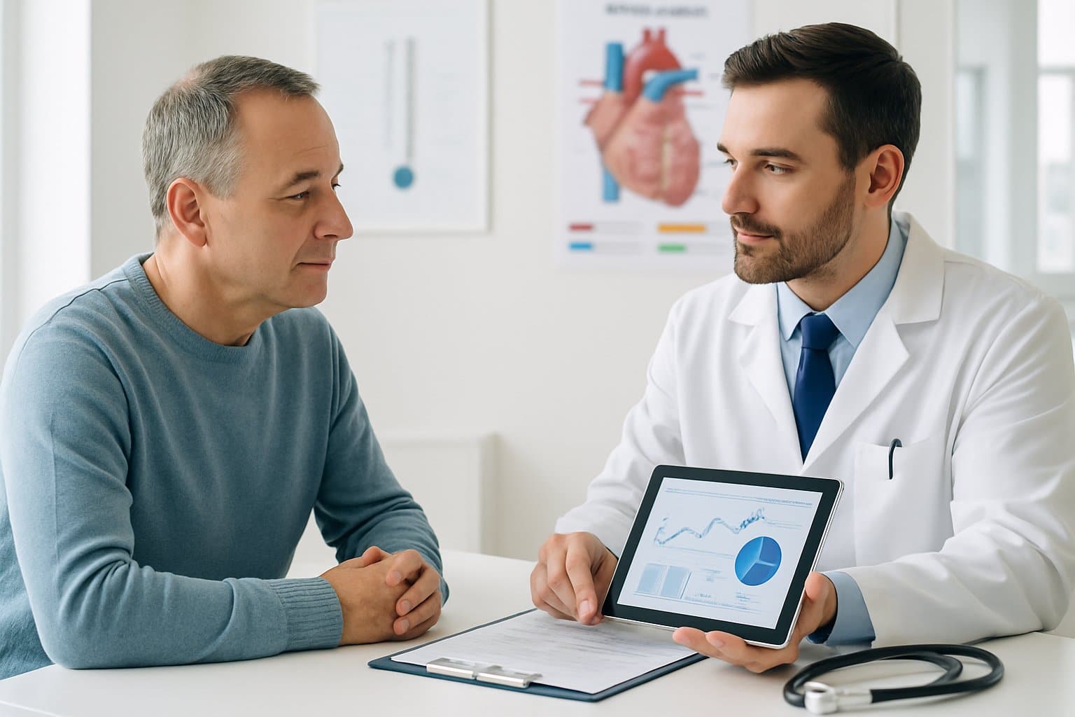 A doctor consulting with a patient in a medical office, reviewing cholesterol data on a tablet.