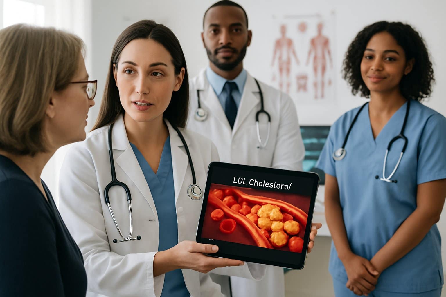 A doctor showing a patient a digital tablet with a 3D illustration of cholesterol molecules in a modern medical office.