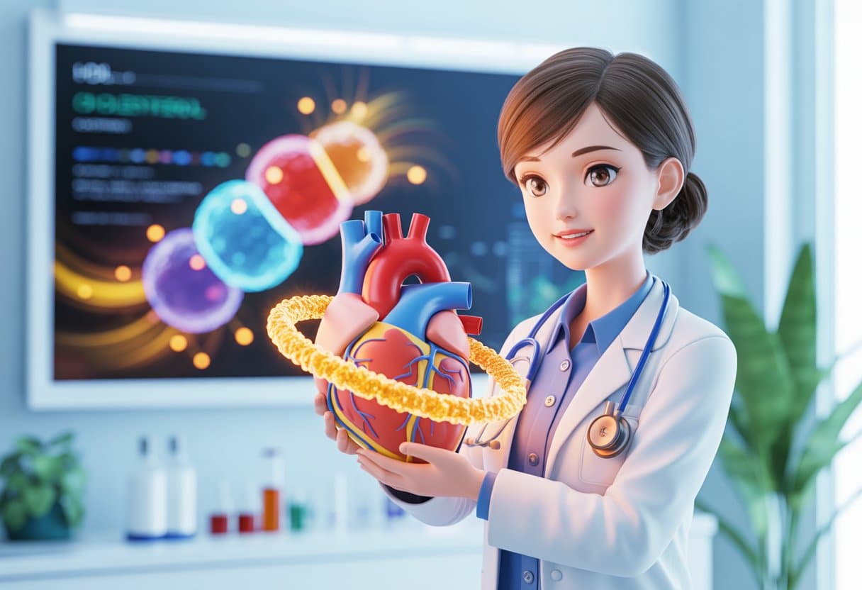 A female doctor holding a glowing heart model with golden particles swirling around it in a bright medical clinic.