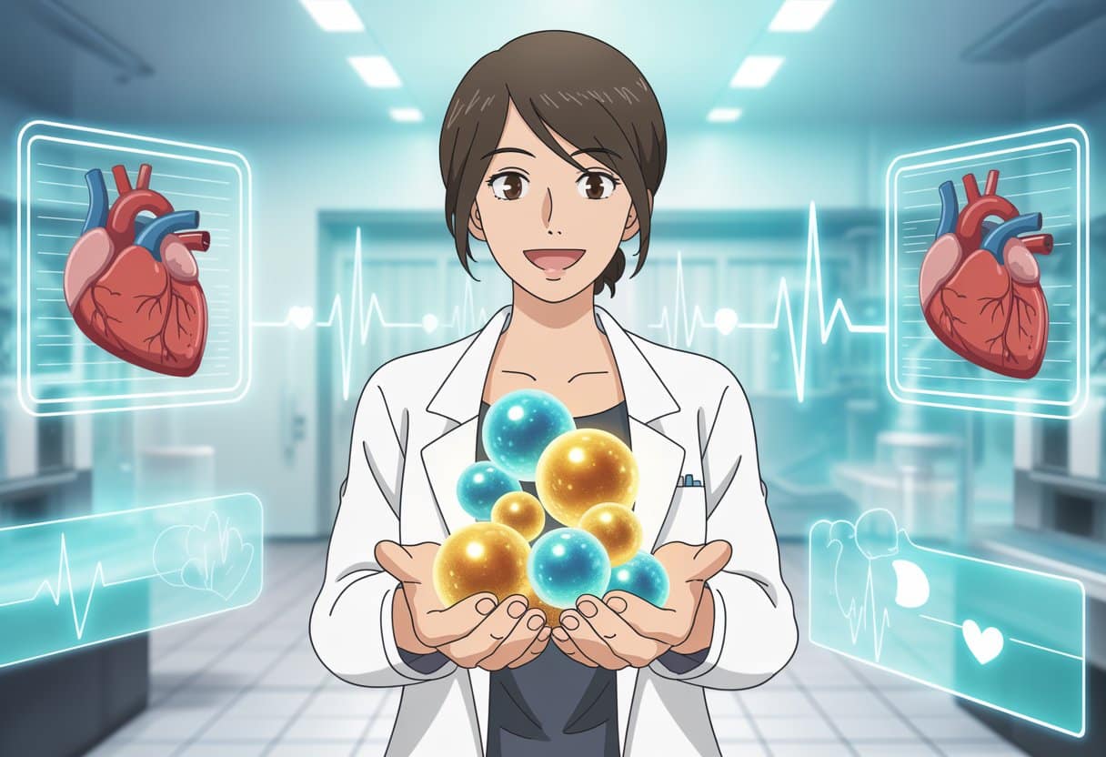 A smiling female scientist in a lab coat holding glowing blue and gold orbs representing good cholesterol, with heart and blood vessel diagrams displayed around her.
