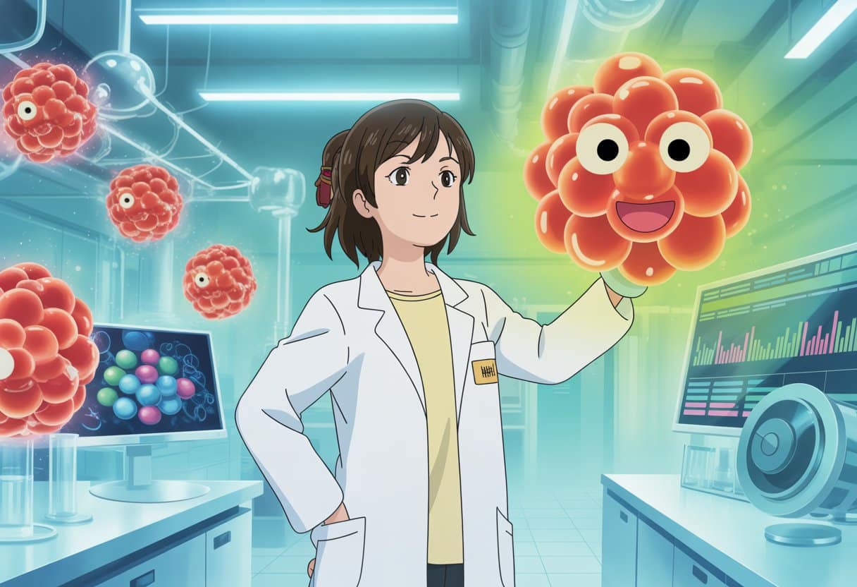 A young female scientist in a lab coat studies a glowing 3D model of cholesterol molecules in a high-tech laboratory.