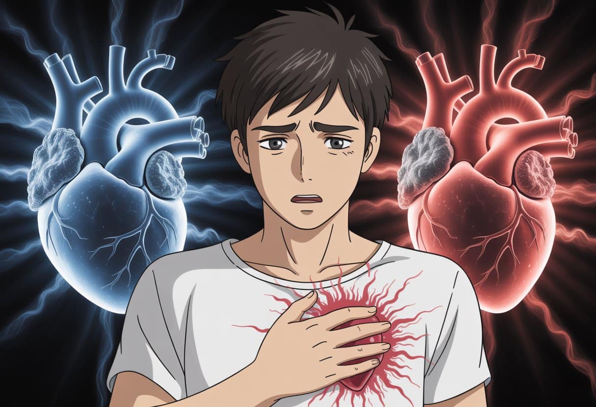 A young person looks worried, holding their chest with glowing blue particles swirling around their heart.
