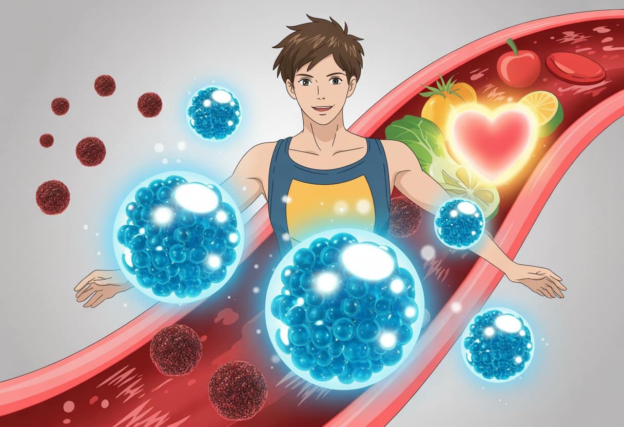 A young person surrounded by glowing blue orbs representing healthy cholesterol particles flowing through a bloodstream, with fruits and a glowing heart symbol in the background.