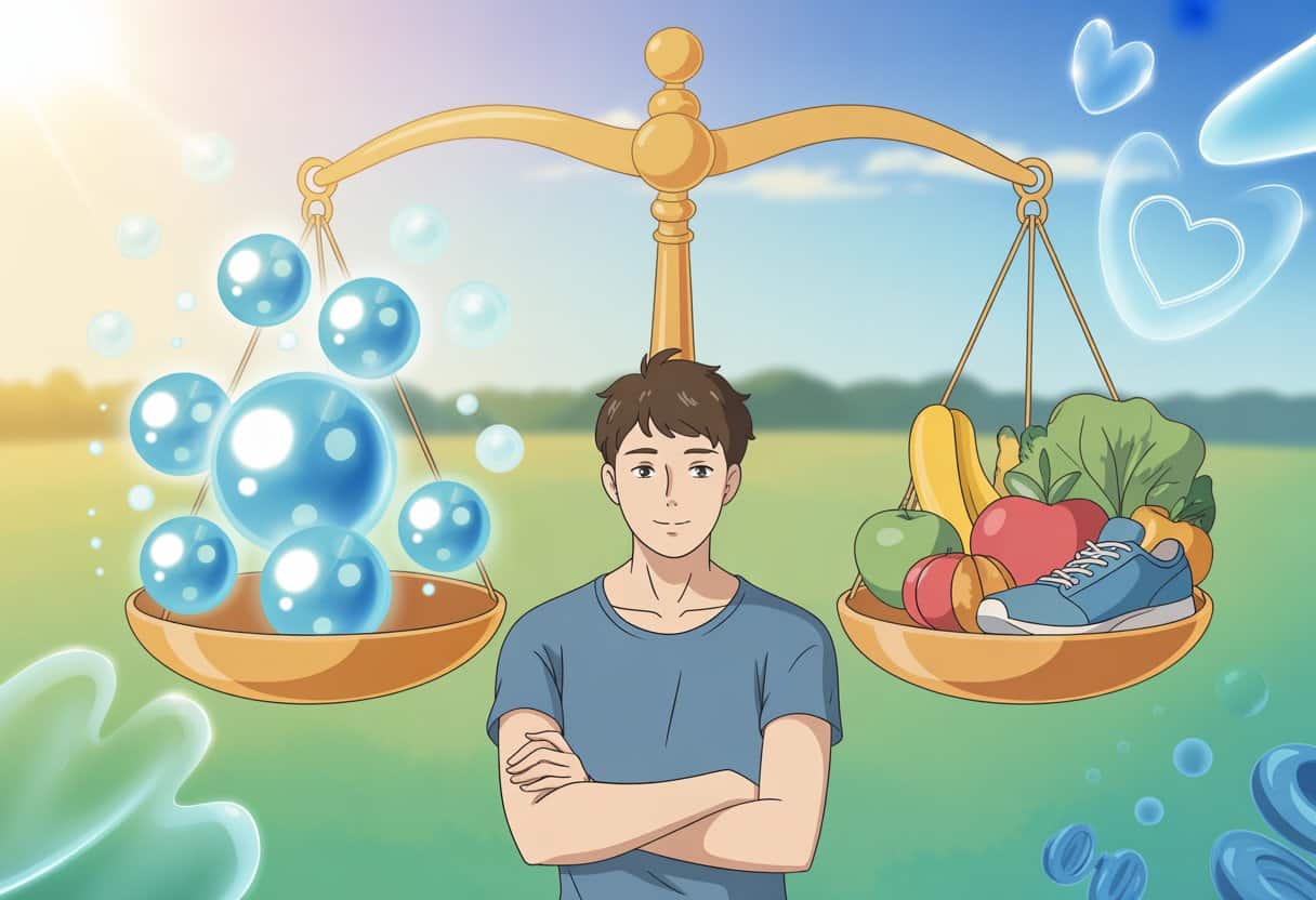 A person standing on a large balance scale with glowing blue orbs on one side and healthy lifestyle items on the other, surrounded by abstract heart and blood cell shapes under a bright sky.