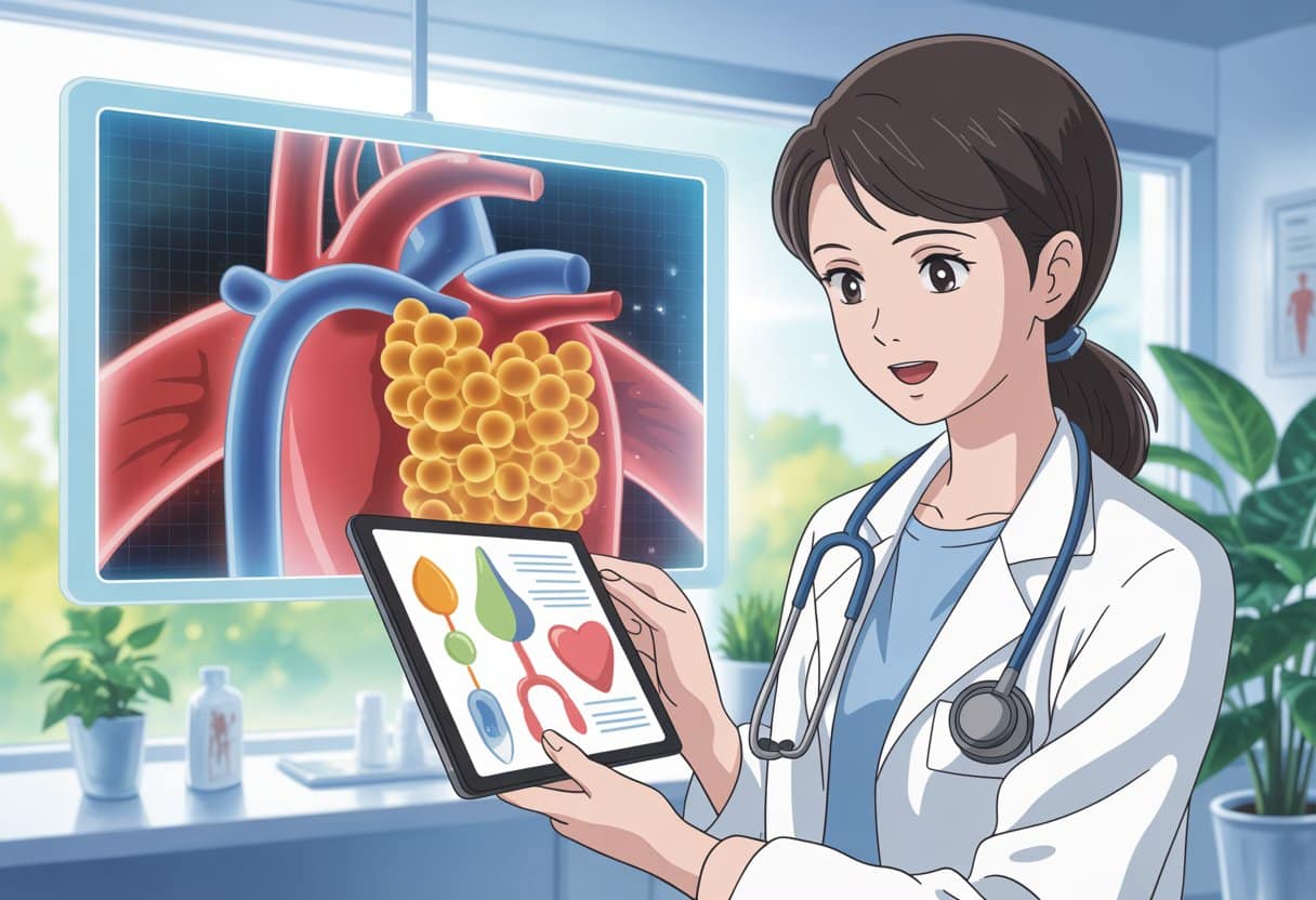 A female doctor explains cholesterol management using a digital tablet and animated visuals of HDL cholesterol flowing through arteries in a bright clinic.