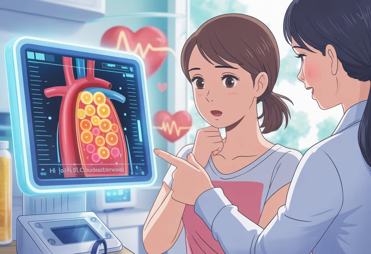 A young woman in a clinic looking at a digital display showing cholesterol molecules and arteries, with a healthcare professional explaining the information.