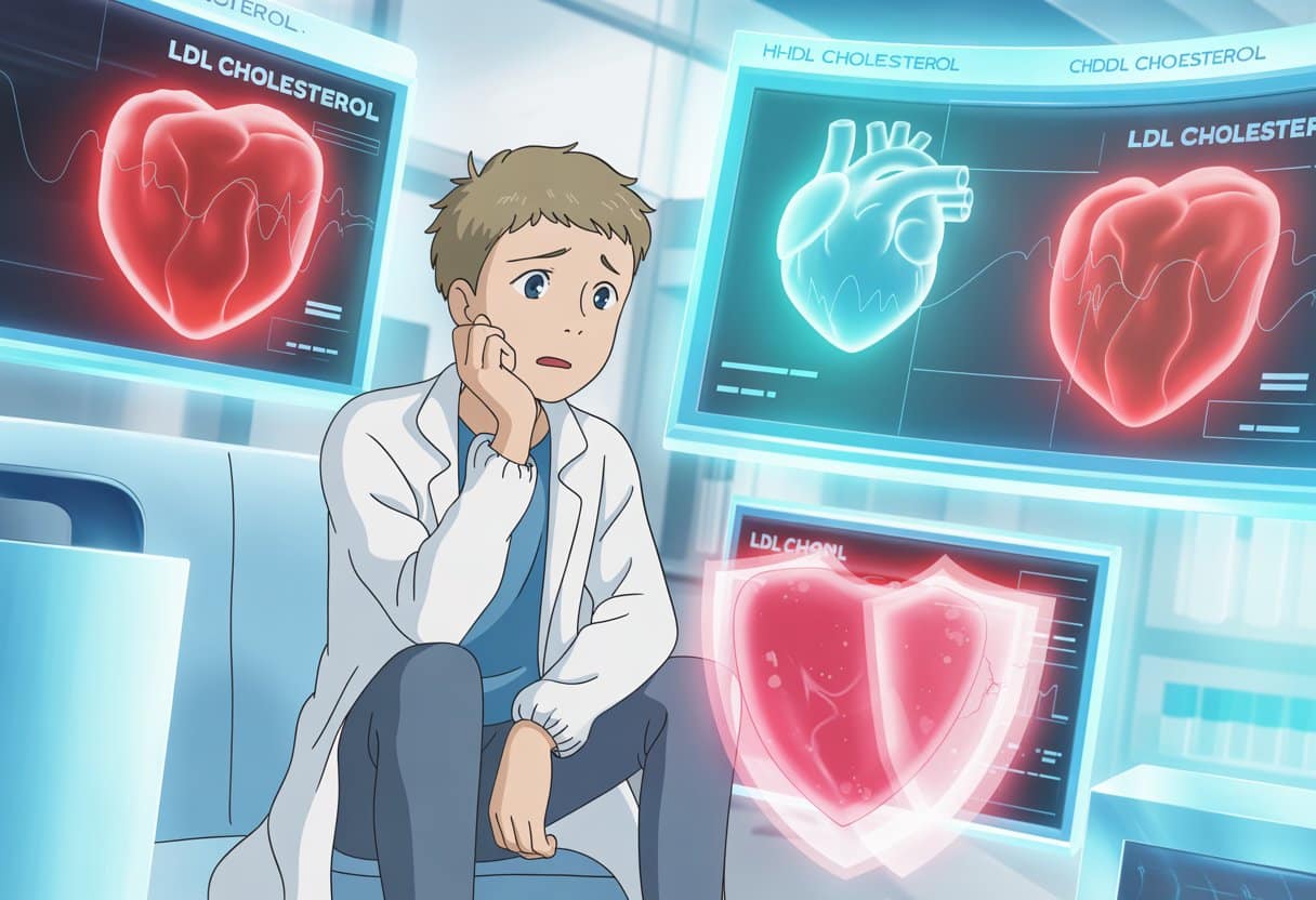 A young person in a futuristic lab looks thoughtfully at glowing symbols representing cholesterol and heart health.