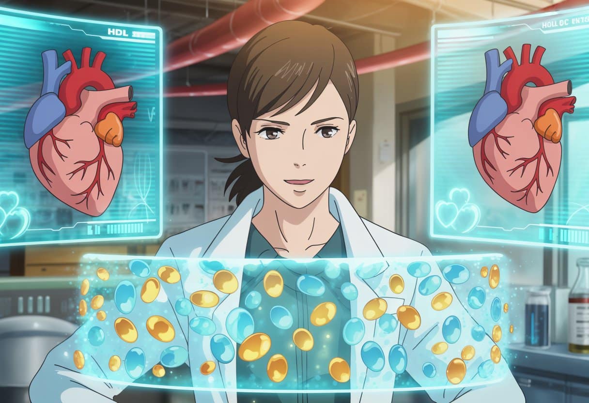 A young scientist studies glowing HDL cholesterol molecules in a high-tech lab with heart and blood vessel visuals around her.