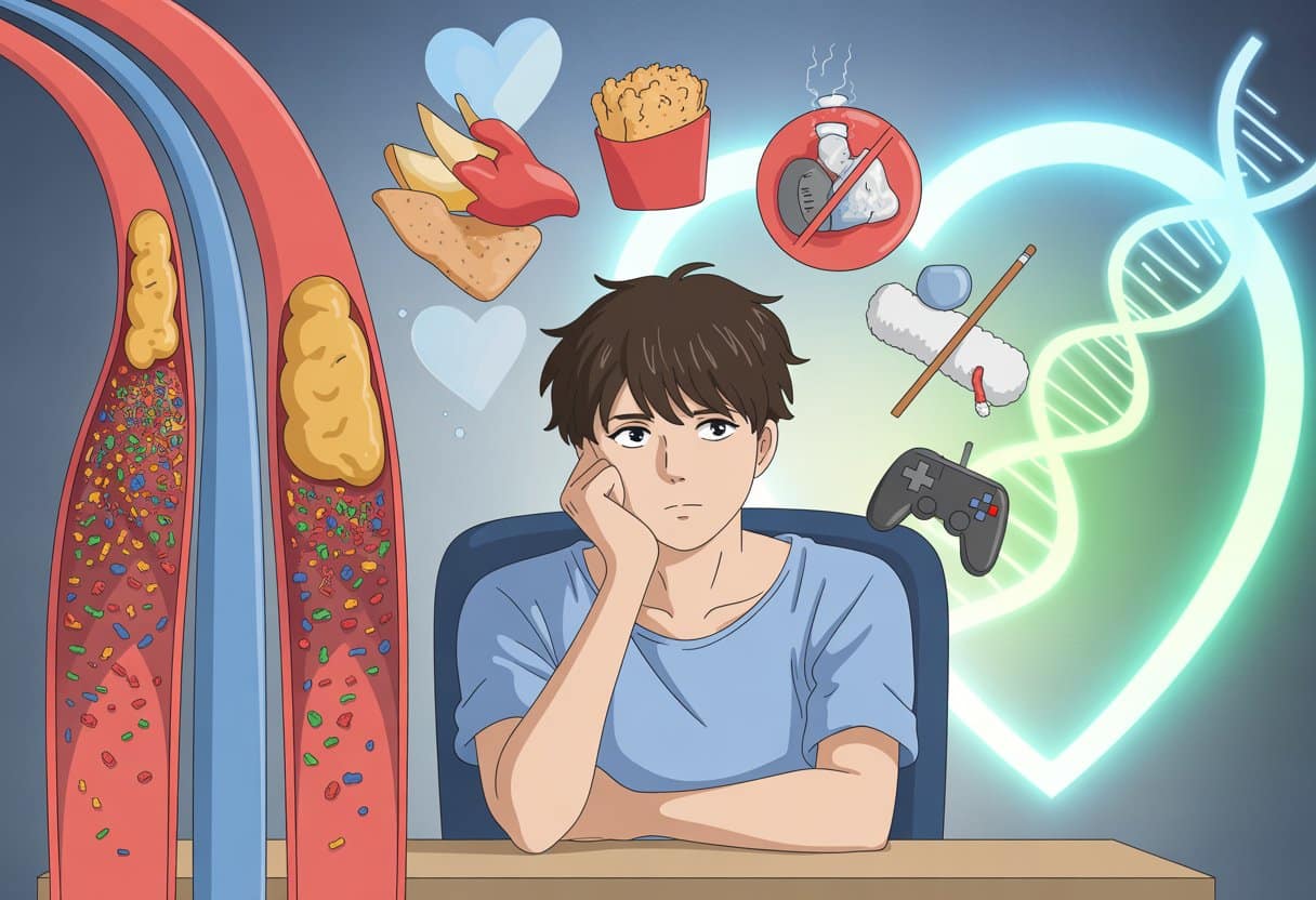 A person sitting thoughtfully at a desk surrounded by symbolic images of arteries, unhealthy foods, exercise, smoking, and DNA strands representing causes and risks of low HDL cholesterol.