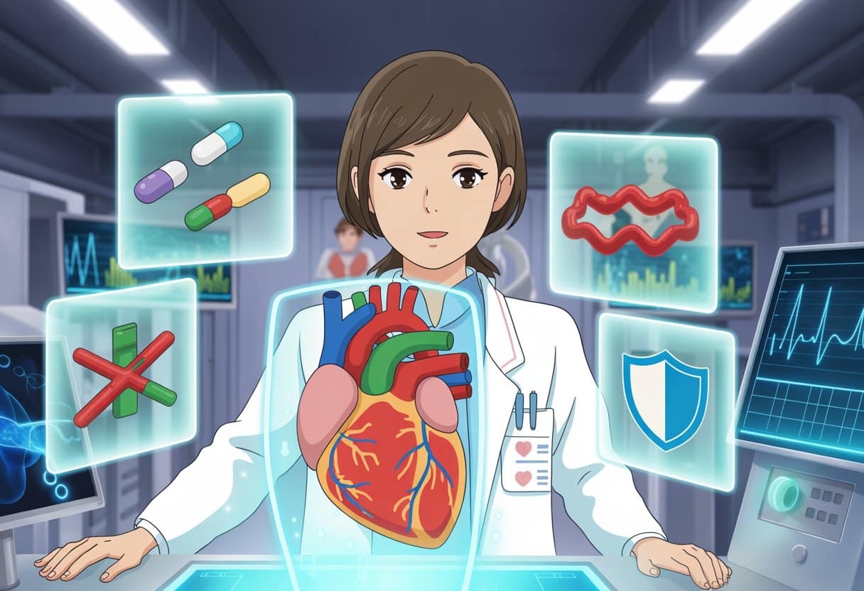 A female doctor examines a glowing holographic heart and blood vessels in a futuristic medical lab surrounded by floating panels showing medication molecules and health symbols.