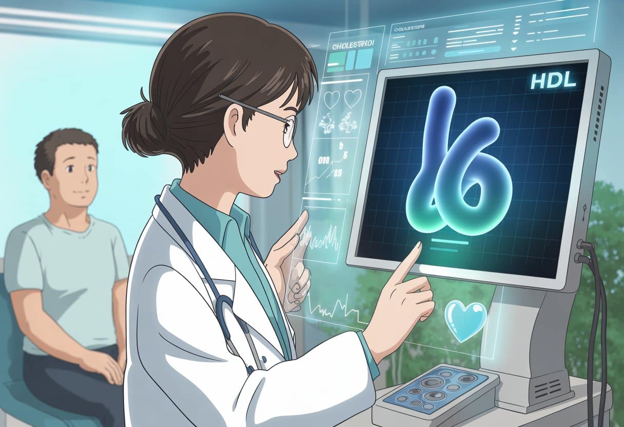 A female doctor examines a digital monitor showing a glowing blue cholesterol symbol while a patient sits nearby in a clinic.