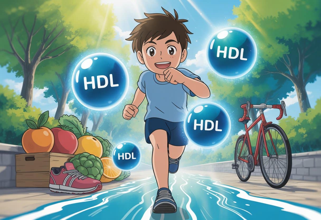 A young person jogging outdoors surrounded by glowing blue orbs and healthy lifestyle symbols like fruits, running shoes, and a river.