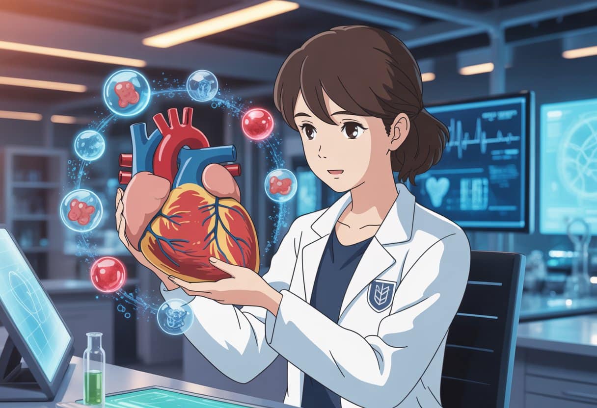 A young female scientist examining a glowing 3D model of a heart and blood vessels in a high-tech laboratory.
