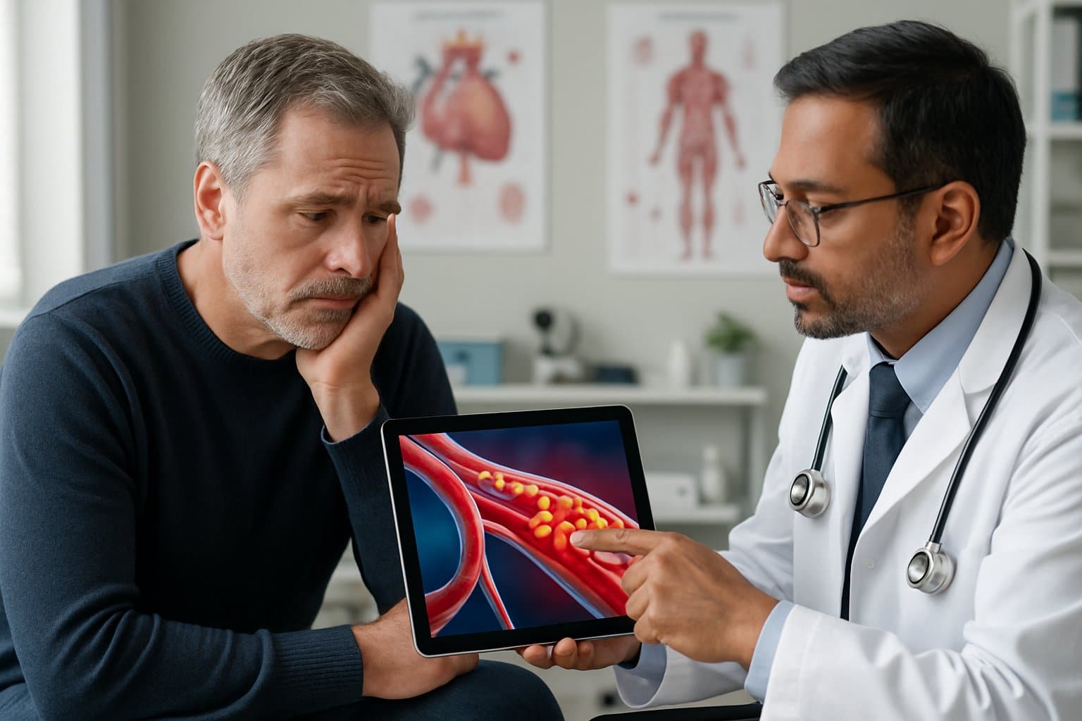 A man talks with a doctor in a medical office while looking at a tablet showing blood vessels with high triglycerides.