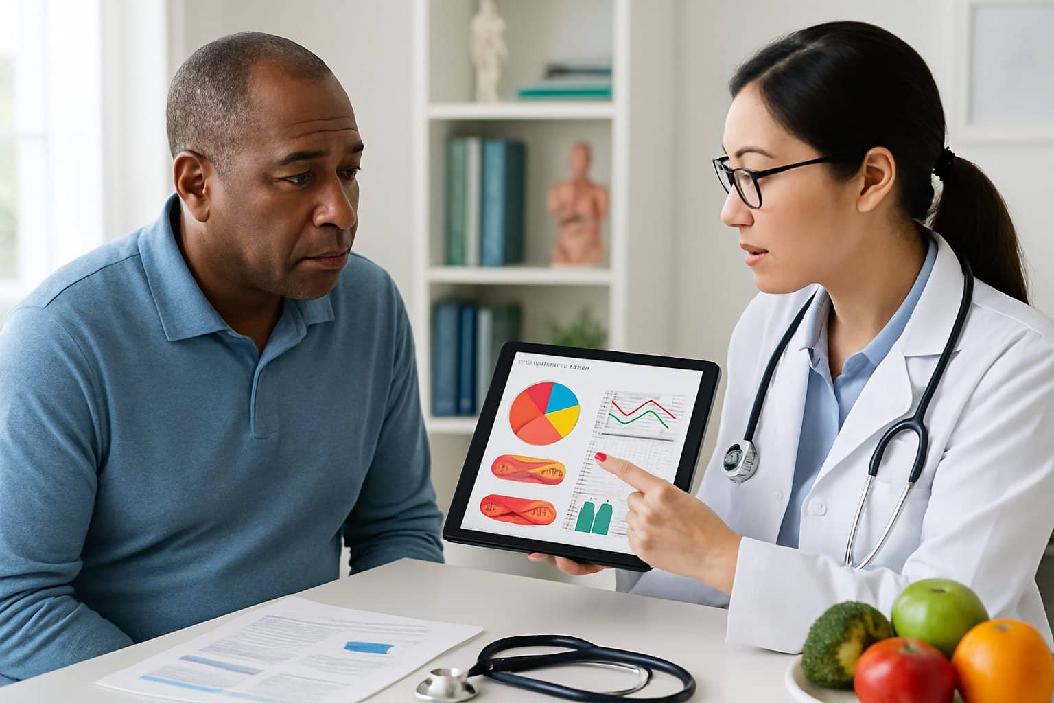 A doctor and patient discussing health information with charts on a tablet in a medical office.