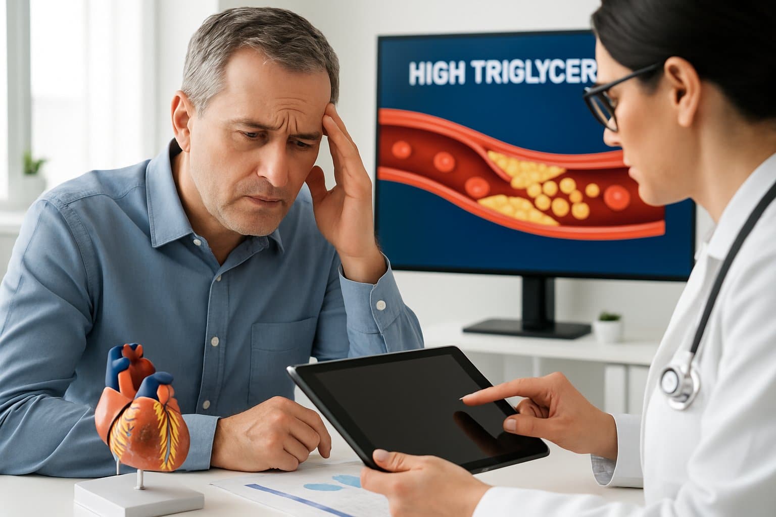 A man talks with a doctor in a medical office with heart models and charts visible.