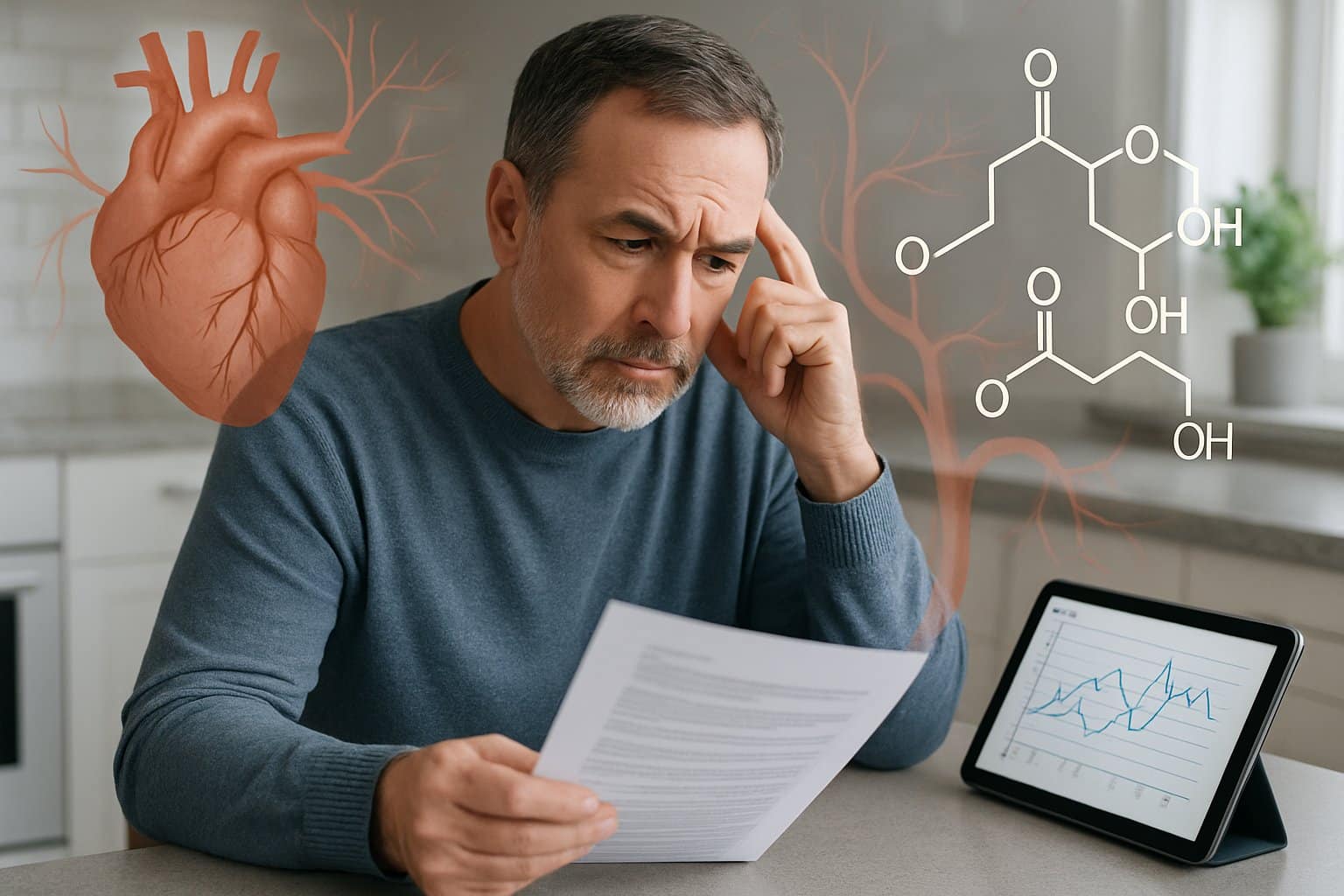 A middle-aged man sitting at a kitchen table reviewing medical documents and a tablet showing health charts, with subtle graphics of a heart and blood vessels around him.