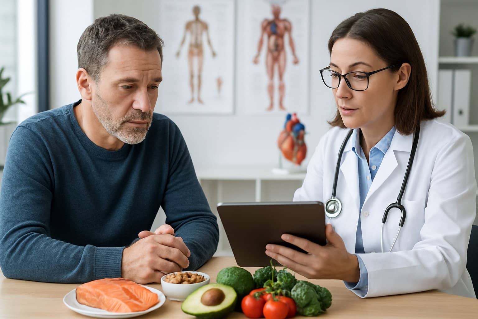 A man consulting a doctor in a medical office with healthy foods and heart model visible on the desk.