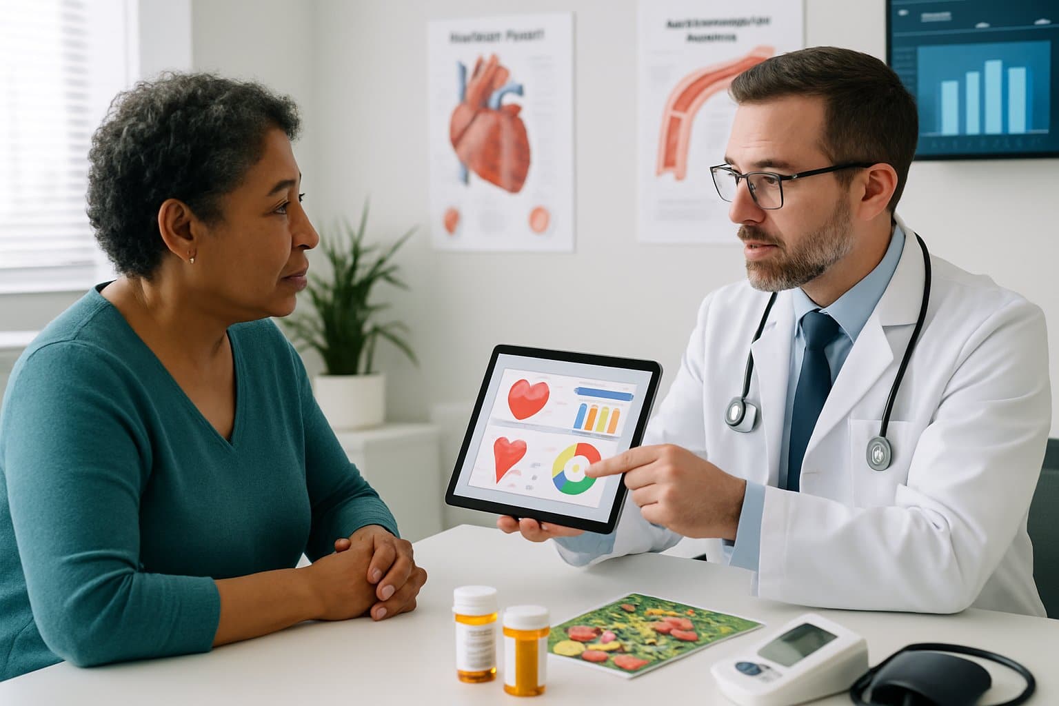 A doctor and patient discussing treatment options in a medical office with health-related materials on the desk.