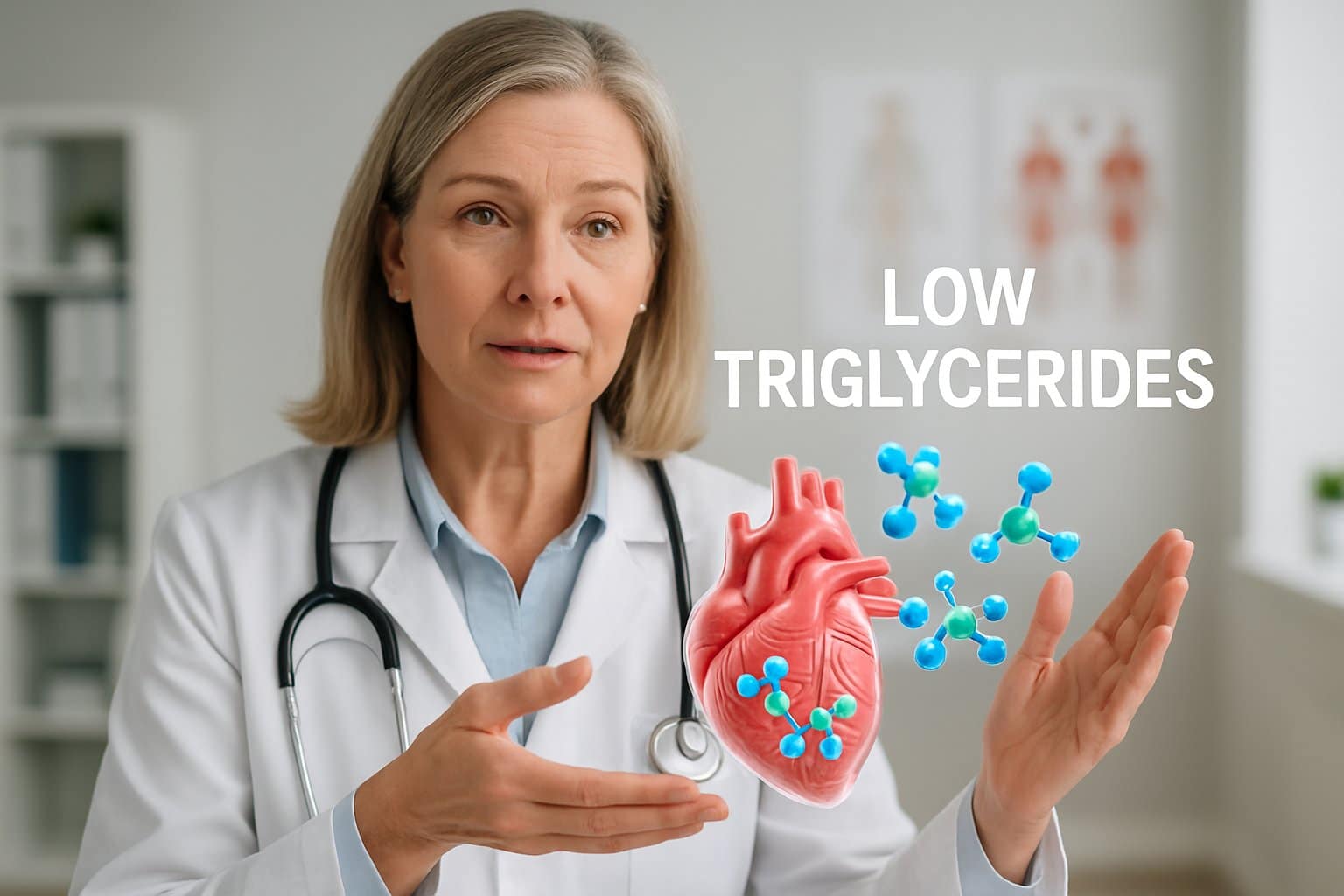 A female doctor in a white coat holding a 3D model of a heart and blood vessels, explaining triglycerides in a modern medical office.