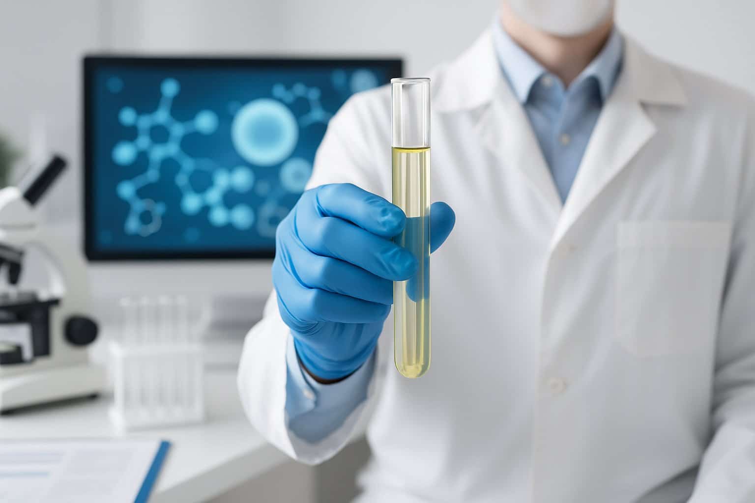 A healthcare professional holding a vial of yellow liquid in a bright medical lab with scientific equipment and molecular graphics in the background.