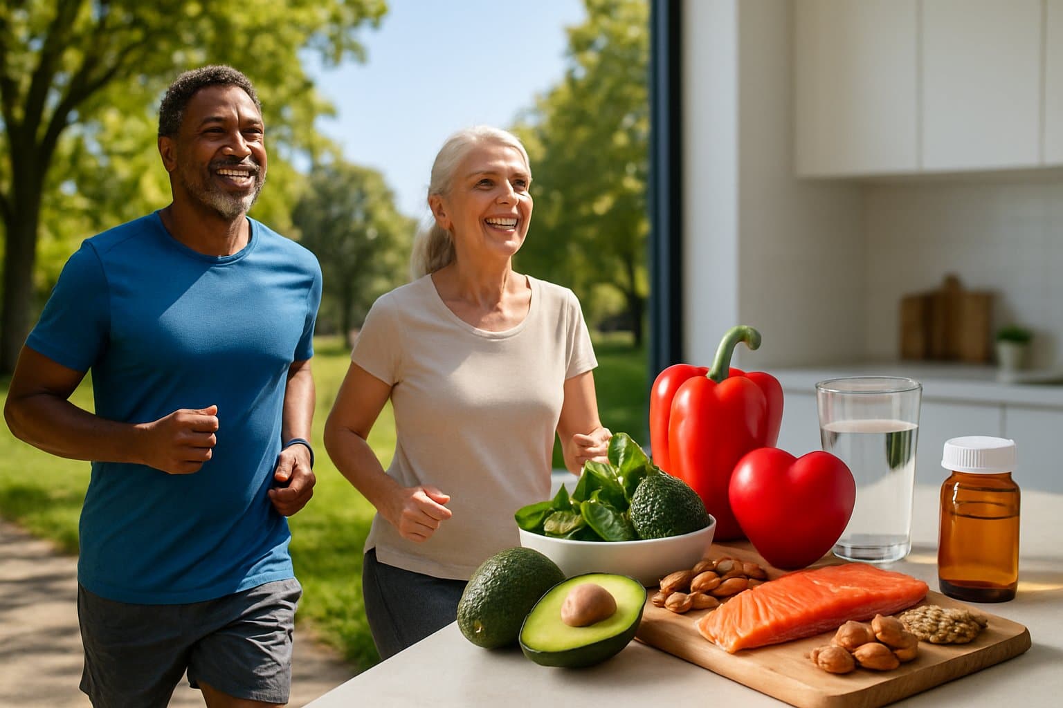 A man and woman jogging in a sunny park near a kitchen counter with healthy foods and medication, symbolizing a healthy lifestyle and medication management.