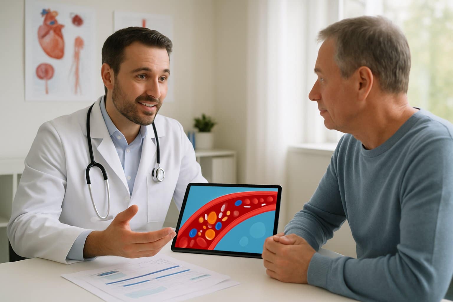 A doctor consulting with a middle-aged patient in a modern medical office, discussing health information with medical charts and a tablet showing blood components.