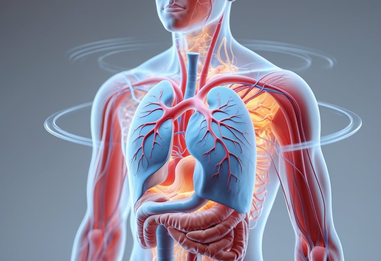 3D rendering of a human body showing pale blood vessels, an enlarged heart, and weakened muscles to illustrate the effects of low hemoglobin.