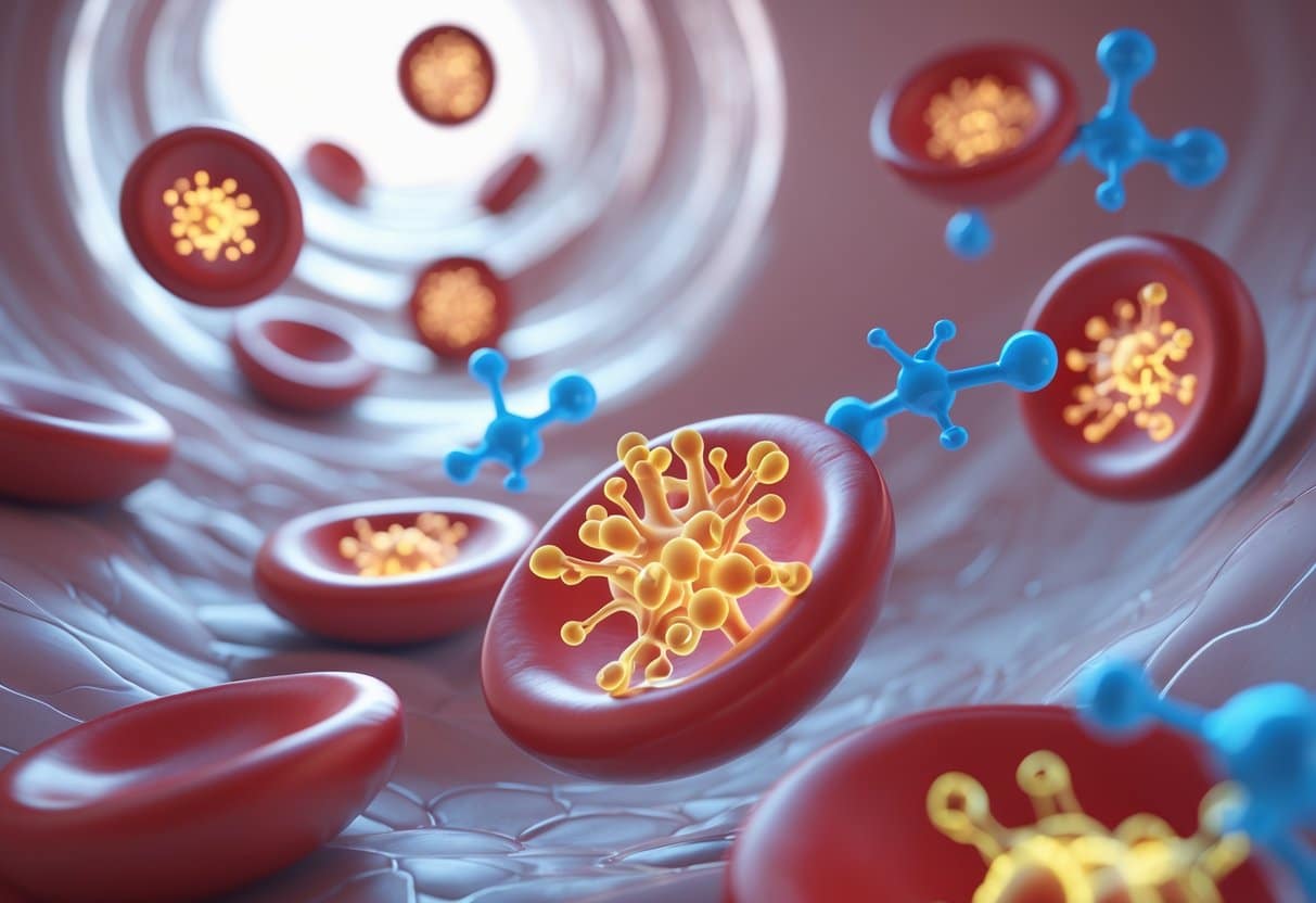 A 3D scene showing red blood cells inside a blood vessel, with some cells full of hemoglobin molecules carrying oxygen and others appearing pale to represent low hemoglobin levels.