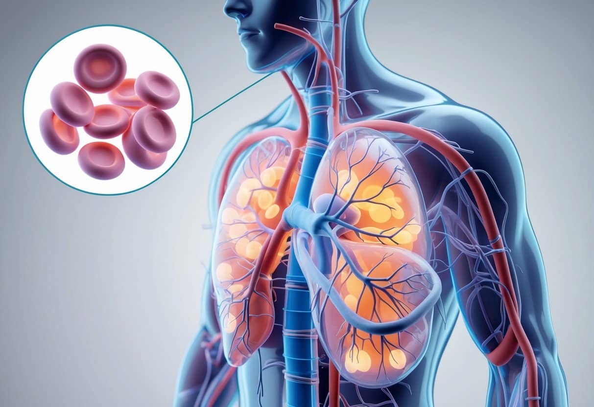 Semi-transparent human figure showing pale red blood cells flowing through veins and arteries, highlighting organs affected by low hemoglobin such as brain, heart, and muscles.