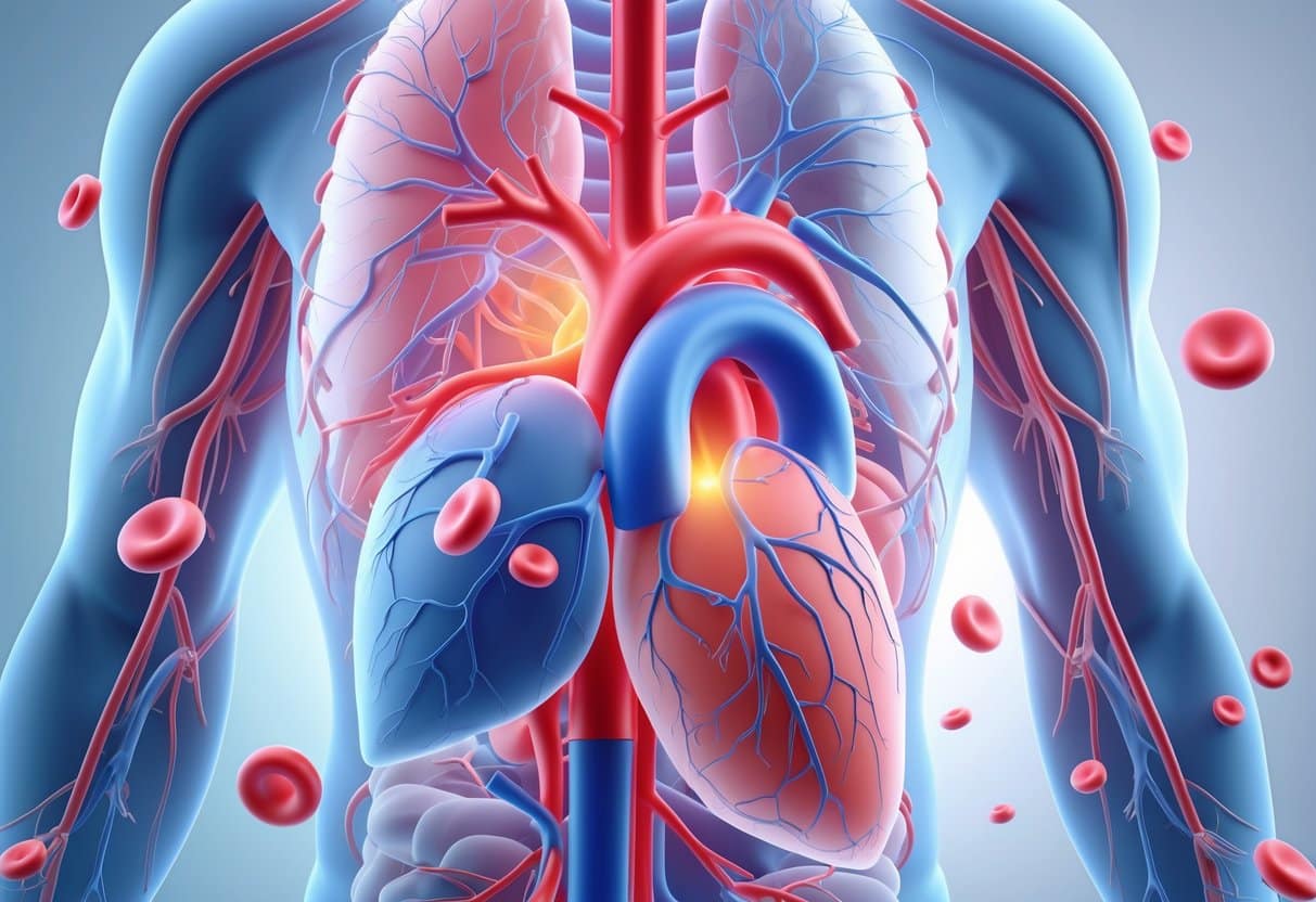 3D rendering of a human torso showing blood flow with fewer pale red blood cells and visual symbols of fatigue, irregular heartbeat, and low oxygen.