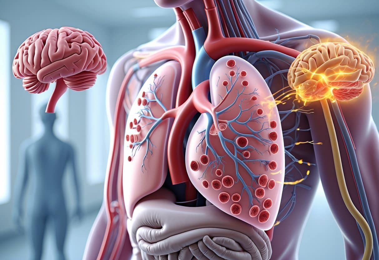 3D rendering of a human torso showing the heart, blood vessels, and lungs with fewer red blood cells, alongside visual indicators of fatigue, brain oxygen deficiency, and heart strain.