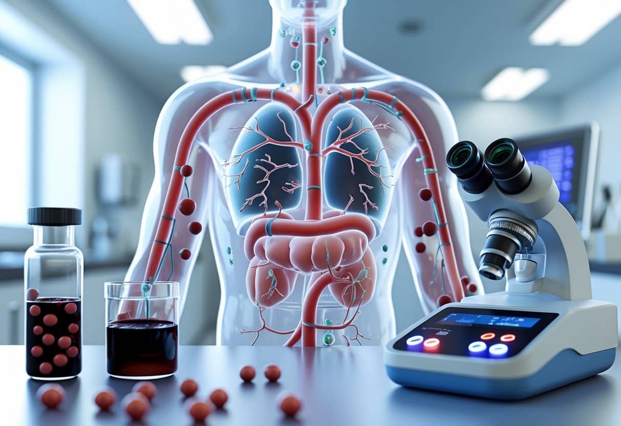 A 3D rendering of a human torso showing blood flow with fewer pale red blood cells, surrounded by medical instruments like a blood vial, microscope, and blood analyzer in a lab setting.