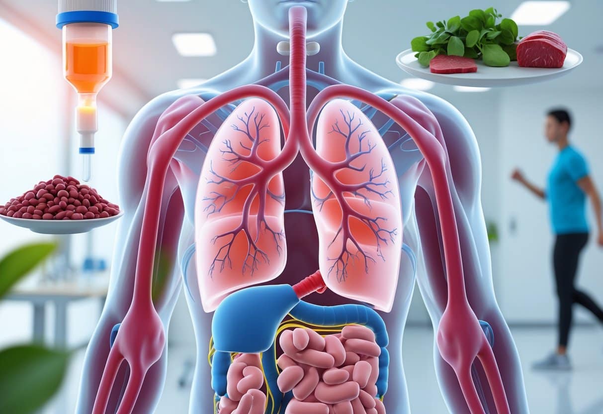 A 3D view of a human torso showing the heart, lungs, and blood vessels with fewer pale red blood cells, alongside symbols of treatment like an infusion drip, healthy food, and a person walking.