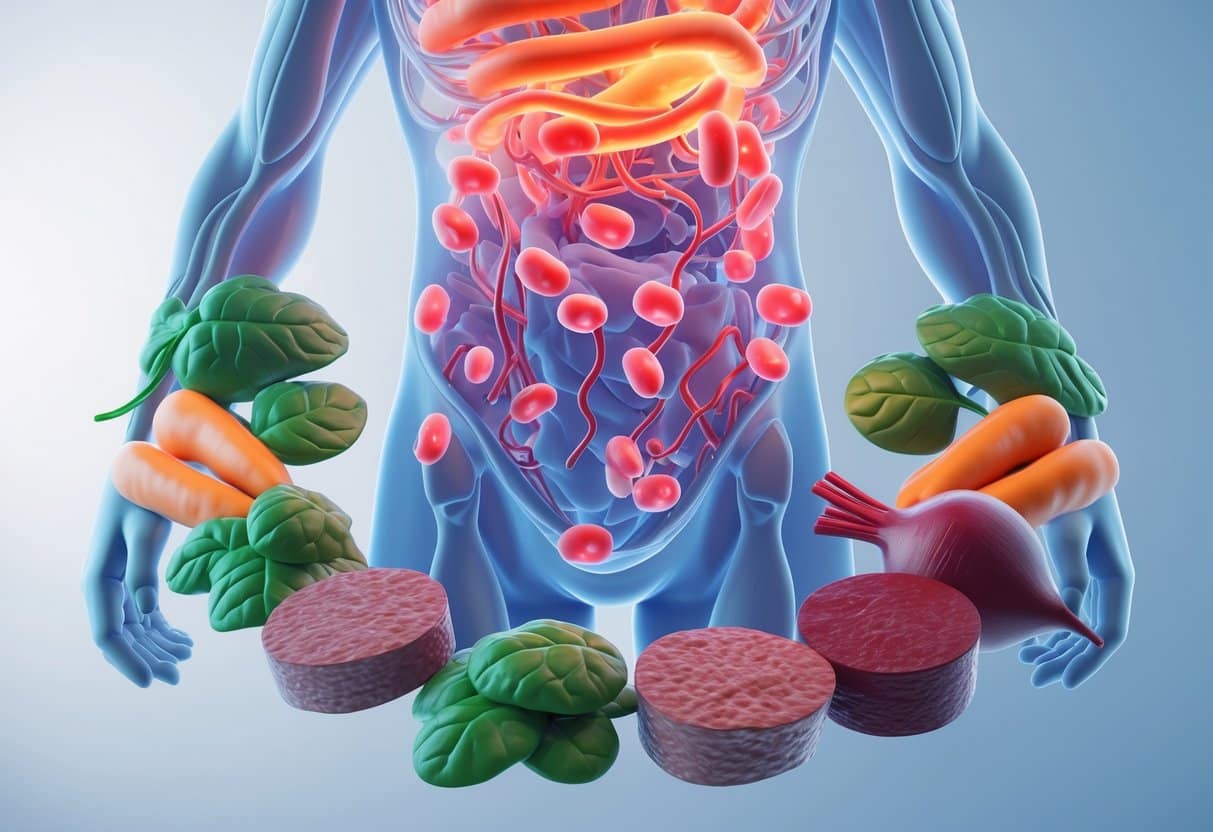 3D rendering of a human torso showing red blood cells in veins surrounded by various iron-rich foods like spinach, red meat, lentils, and beets.