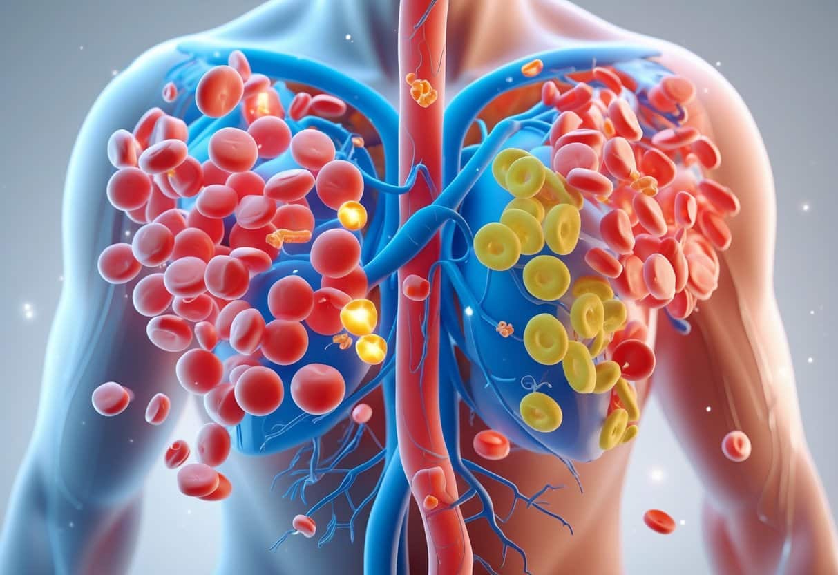3D rendering of a human torso showing blood cells in veins, comparing healthy and low hemoglobin conditions with visual hints of fatigue and dizziness.
