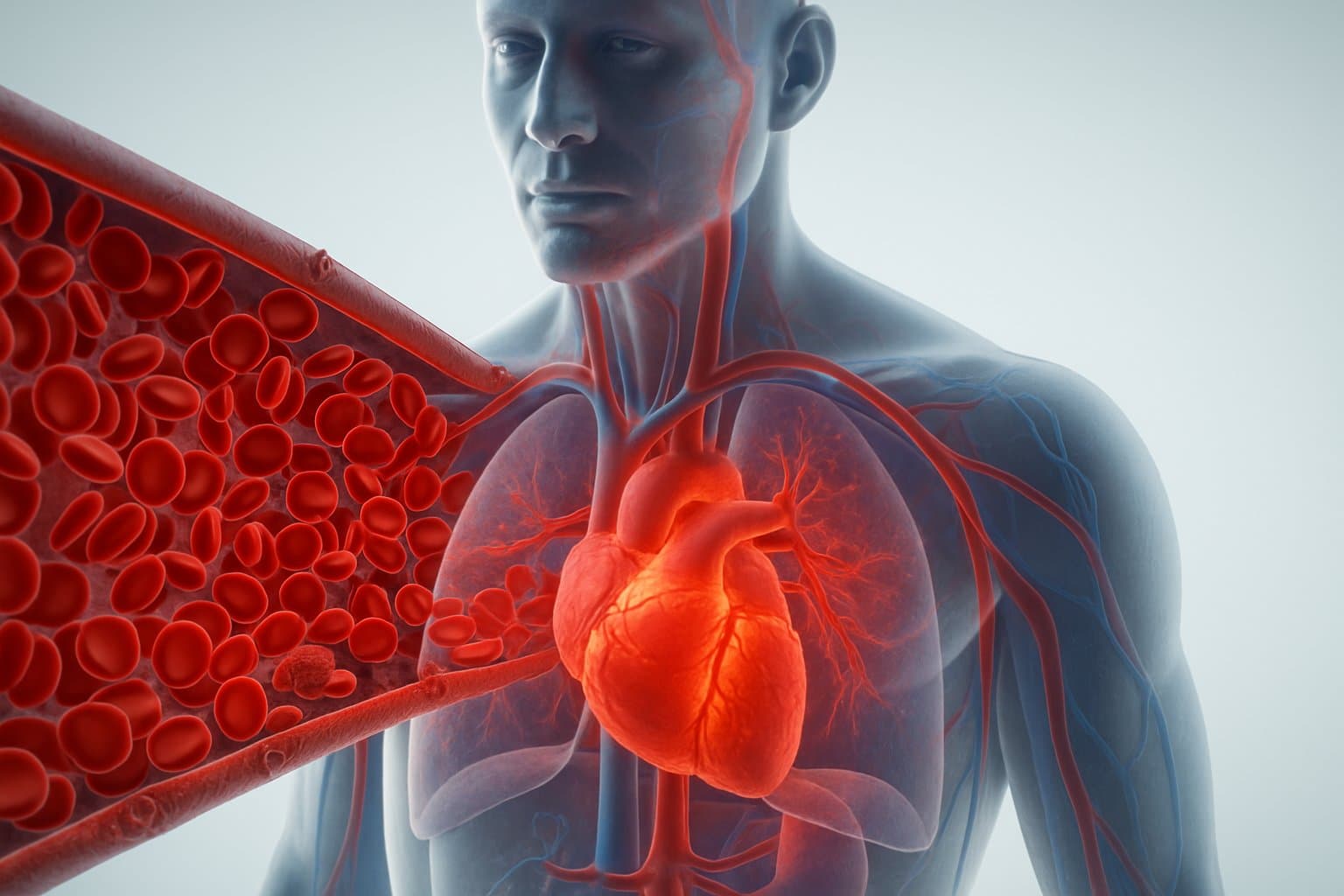 3D rendering of a human body showing dense red blood cells in the bloodstream, an enlarged heart, and highlighted blood vessels to illustrate the effects of high hemoglobin.